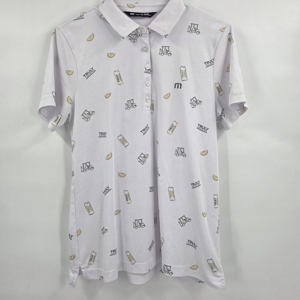 TRAVIS MATHEW TRULY HARD SELTZER GOLF POLO WOMENS LARGE WHITE AOP DRINK COLLAB - Picture 2 of 10